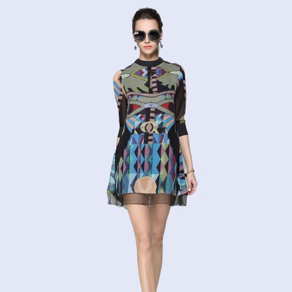 SOLD- ⭐HOST PICK- QIAN MO GE- VINTAGE BOHEMIAN PRINT CHIFFON DRESS-ORIENTAL P… - Picture 2 of 16